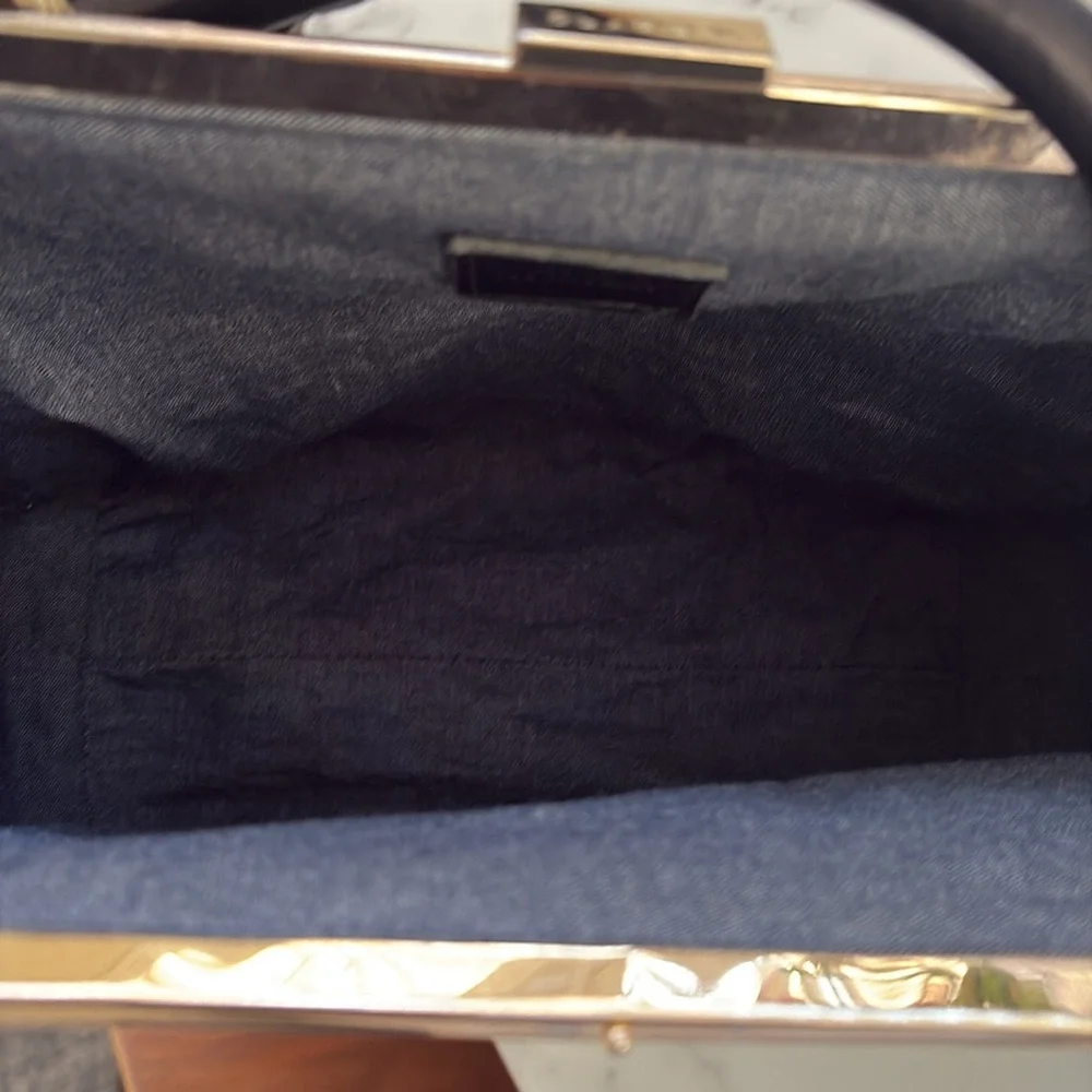 Clare V Black Leather Top-Handle Frame Bag with Gold Hardware